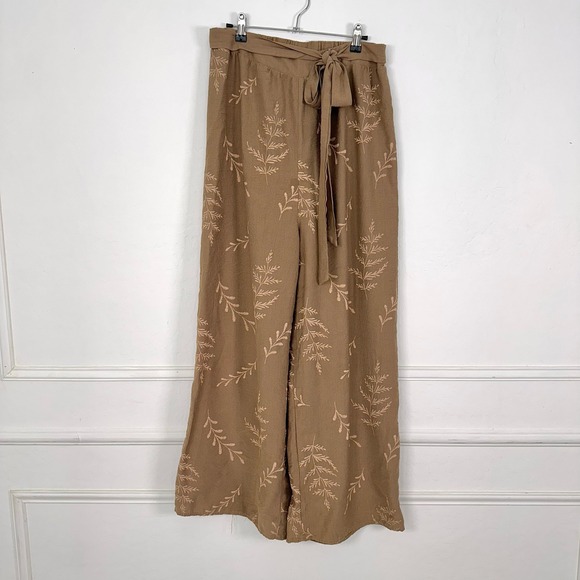 FRNZY Pants - FRNZY Women's Wide Leg Palazzo Pants Beige Botanical Print Tie Waist XL